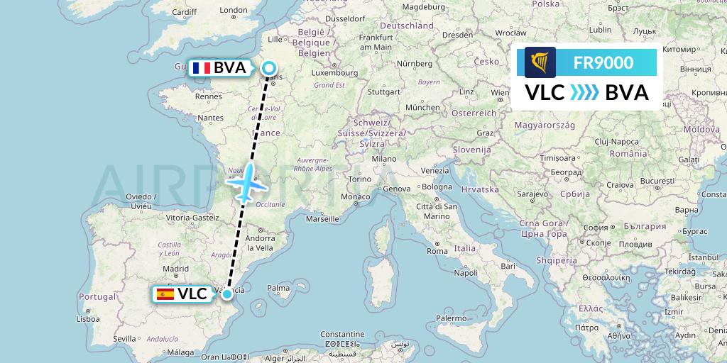 FR9000 Ryanair Flight Map: Valencia to Paris