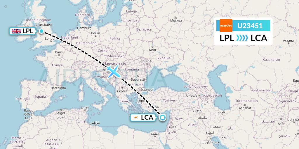 U23451 EasyJet Flight Map: Liverpool to Larnaca