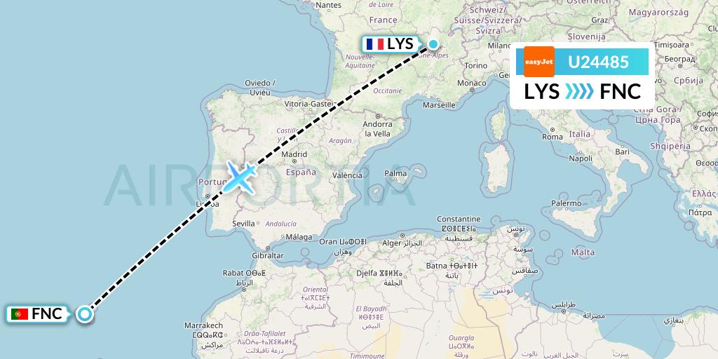 U24485 EasyJet Flight Map: Lyon to Funchal
