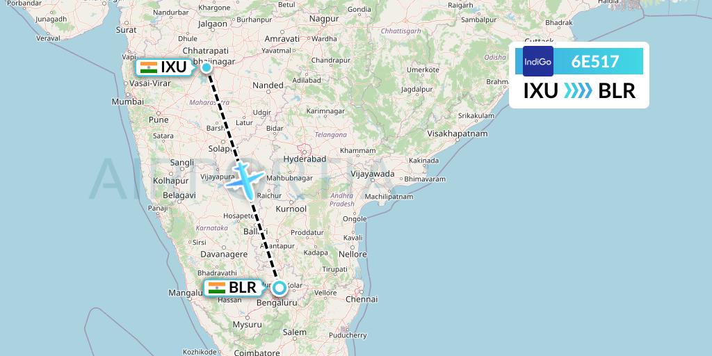 6E517 IndiGo Airlines Flight Map: Aurangabad to Bangalore