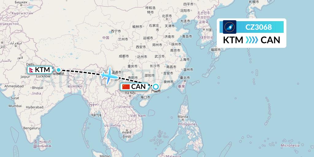 CZ3068 China Southern Airlines Flight Map: Kathmandu to Guangzhou