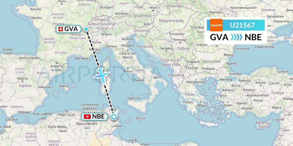 U21567 EasyJet Flight Map: Geneva to Enfidha
