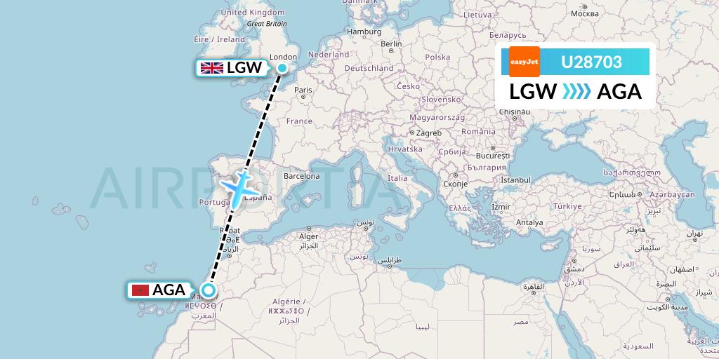 U28703 EasyJet Flight Map: London to Agadir