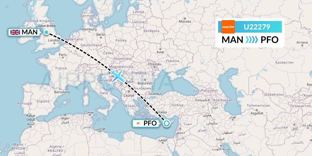 U22279 EasyJet Flight Map: Manchester to Pafos
