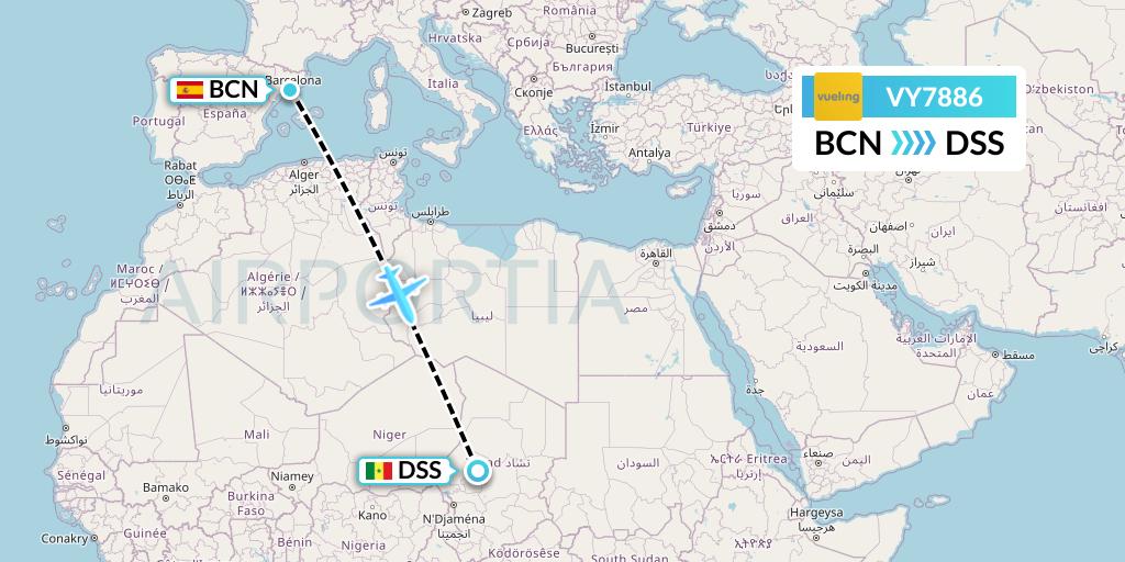VY7886 Vueling Flight Map: Barcelona to Dakar