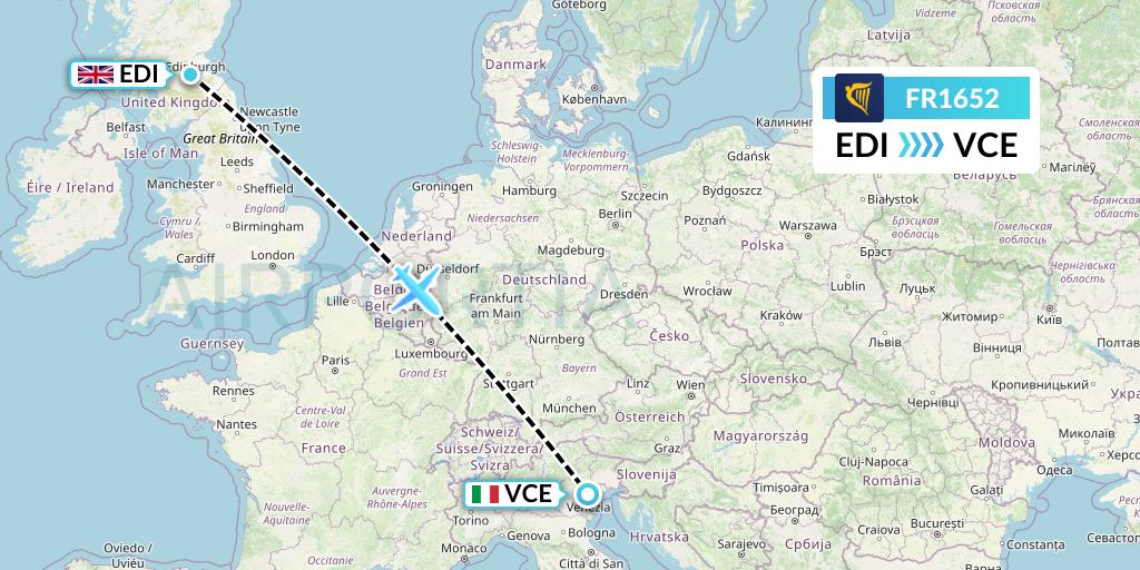 FR1652 Ryanair Flight Map: Edinburgh to Venice