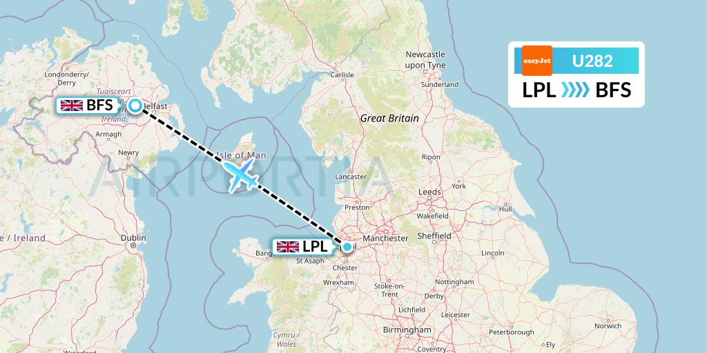 U282 EasyJet Flight Map: Liverpool to Belfast