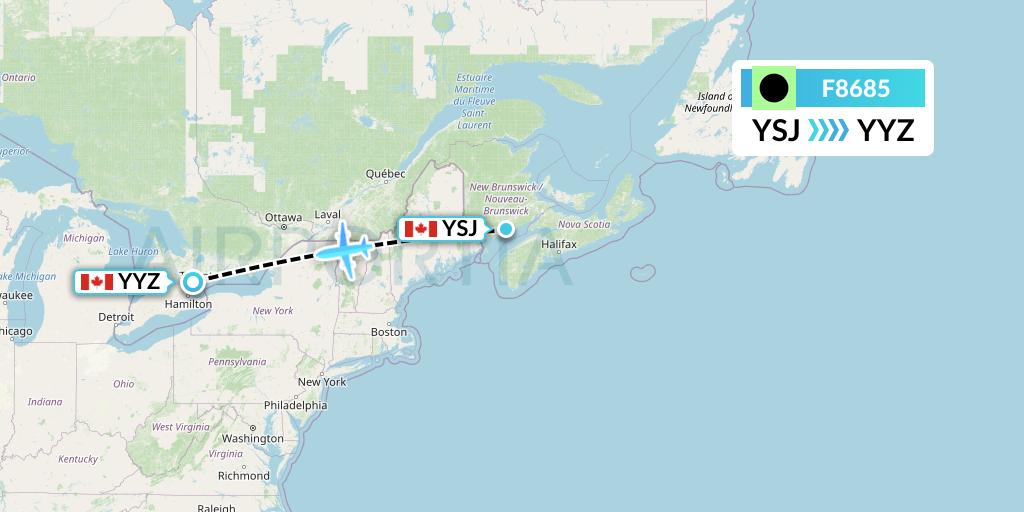 F8685 Flair Airlines Flight Map: Saint John to Toronto