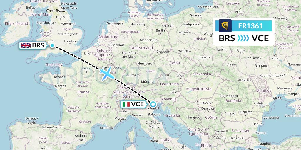 FR1361 Ryanair Flight Map: Bristol to Venice