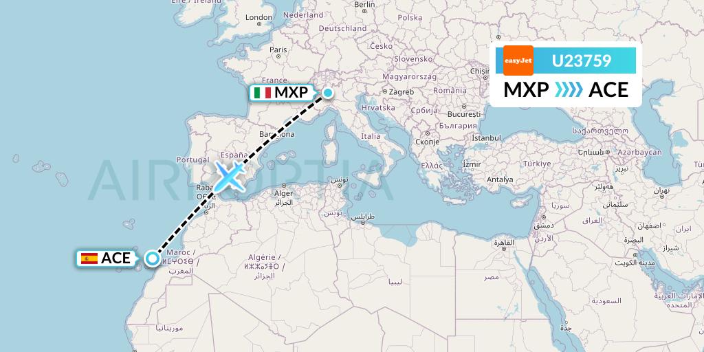 U23759 EasyJet Flight Map: Milan to Lanzarote