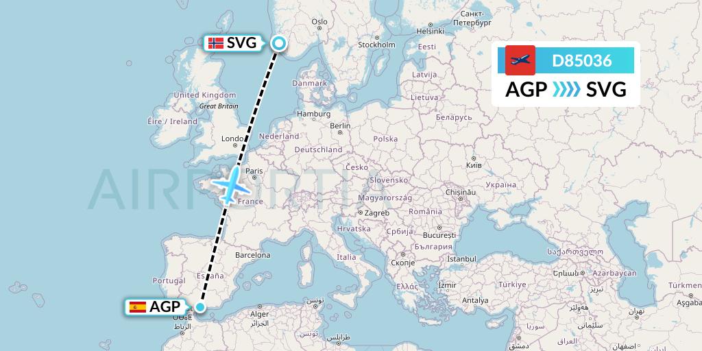 D85036 Norwegian Air International Flight Map: Malaga to Stavanger
