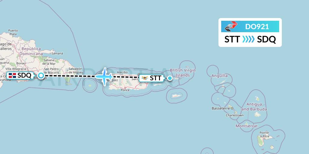 DO921 Sky High Aviation Flight Map: St. Thomas to Santo Domingo