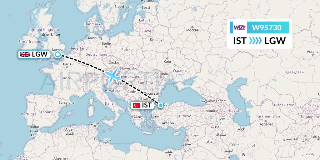 W95730 Wizz Air UK Flight Map: Istanbul to London