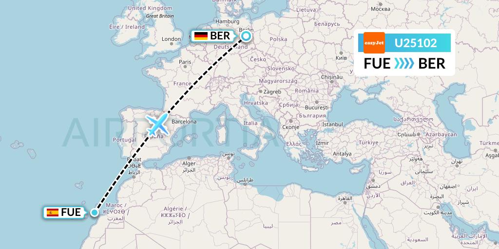 U25102 EasyJet Flight Map: Fuerteventura to Berlin