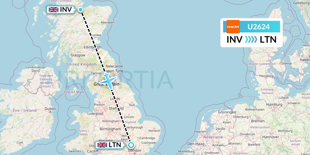 U2624 EasyJet Flight Map: Inverness to London