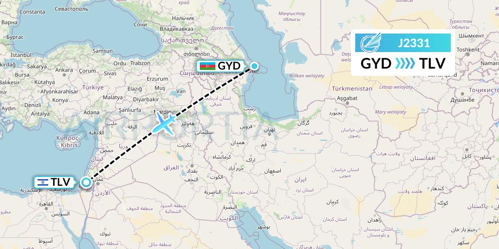 J2331 Azerbaijan Airlines Flight Map: Baku to Tel Aviv