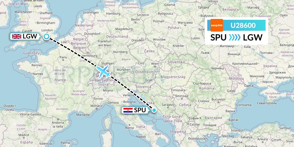 U28600 EasyJet Flight Map: Split to London