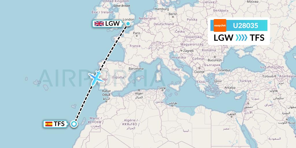 U28035 EasyJet Flight Map: London to Tenerife