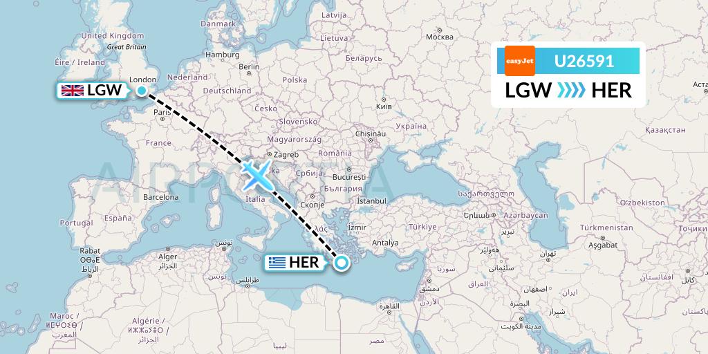 U26591 EasyJet Flight Map: London to Heraklion