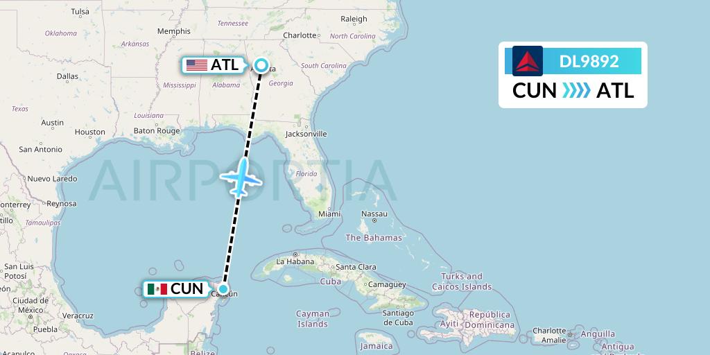 DL9892 Delta Air Lines Flight Map: Cancun to Atlanta