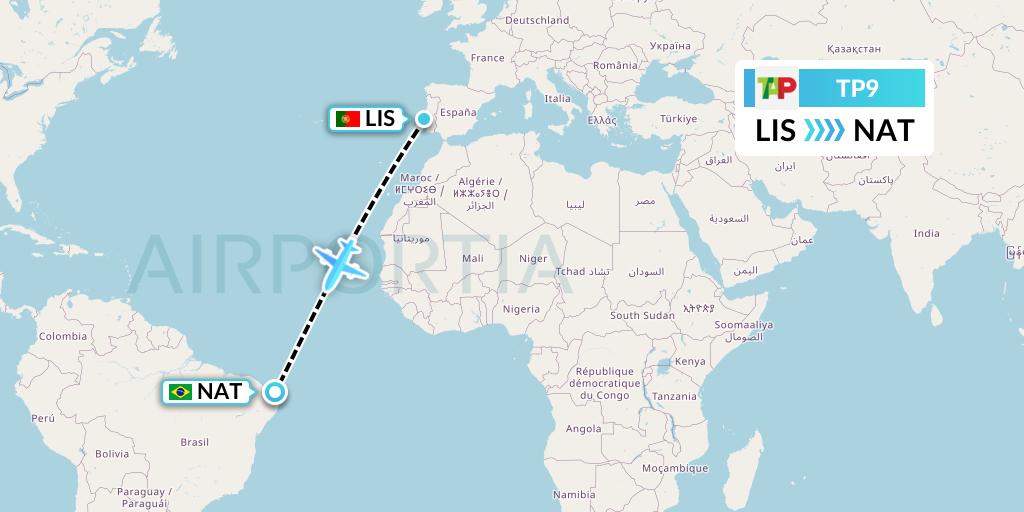 TP9 TAP Portugal Flight Map: Lisbon to Natal