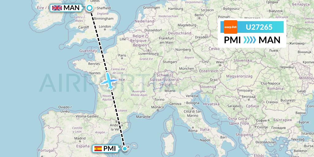 U27265 EasyJet Flight Map: Palma de Mallorca to Manchester