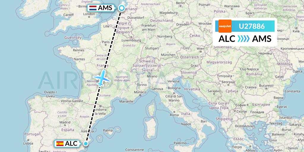 U27886 EasyJet Flight Map: Alicante to Amsterdam