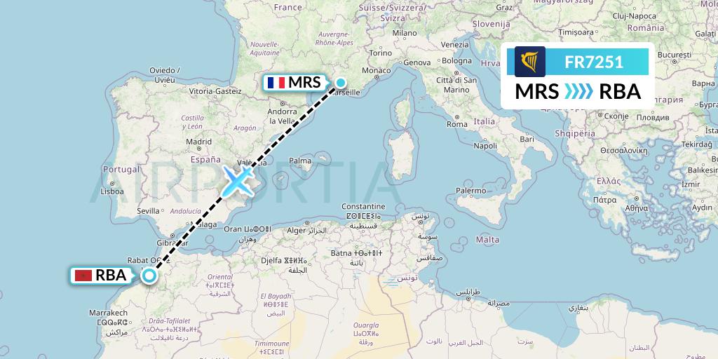 FR7251 Ryanair Flight Map: Marseille to Rabat