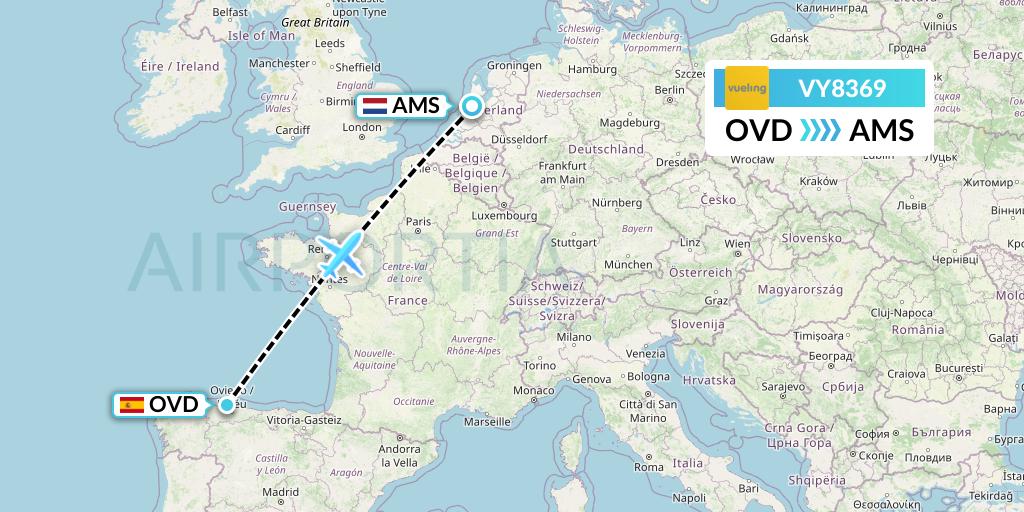 VY8369 Vueling Flight Map: Asturias to Amsterdam
