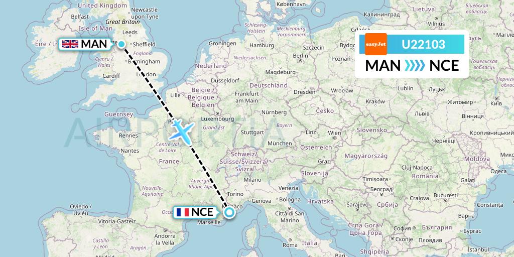 U22103 EasyJet Flight Map: Manchester to Nice