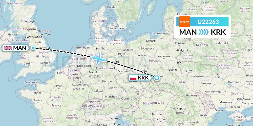 U22263 EasyJet Flight Map: Manchester to Krakow