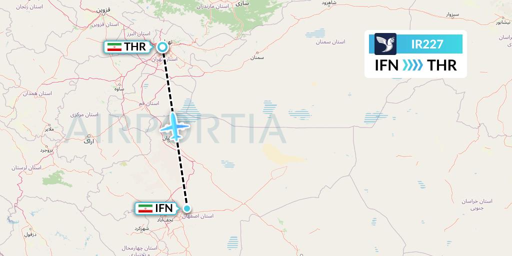 IR227 Iran Air Flight Map: Isfahan to Tehran
