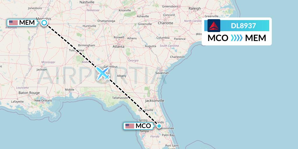 DL8937 Delta Air Lines Flight Map: Orlando to Memphis