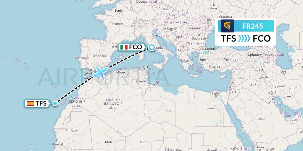 FR245 Ryanair Flight Map: Tenerife to Rome