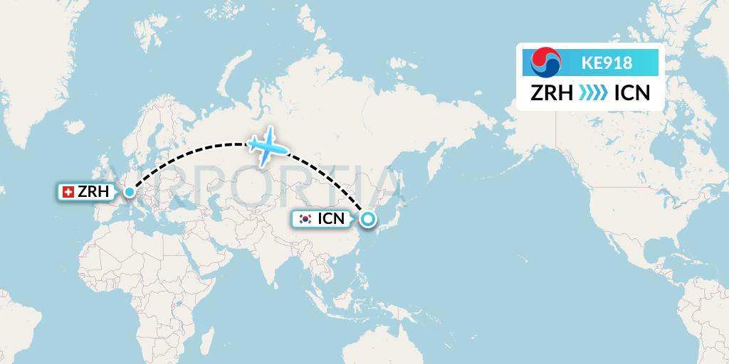 KE918 Korean Air Flight Map: Zurich to Seoul