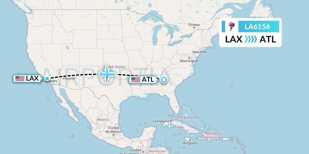 LA6156 LAN Airlines Flight Map: Los Angeles to Atlanta