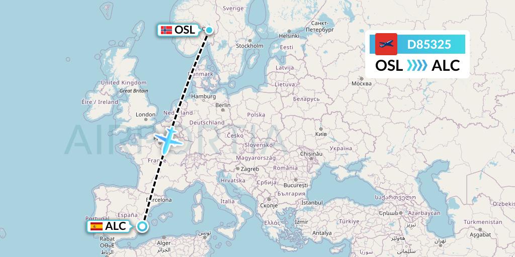 D85325 Norwegian Air International Flight Map: Oslo to Alicante