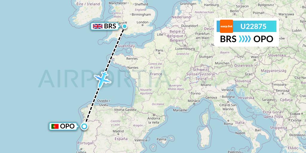 U22875 EasyJet Flight Map: Bristol to Porto