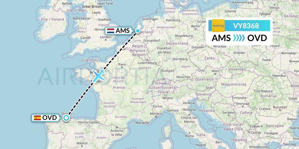 VY8368 Vueling Flight Map: Amsterdam to Asturias