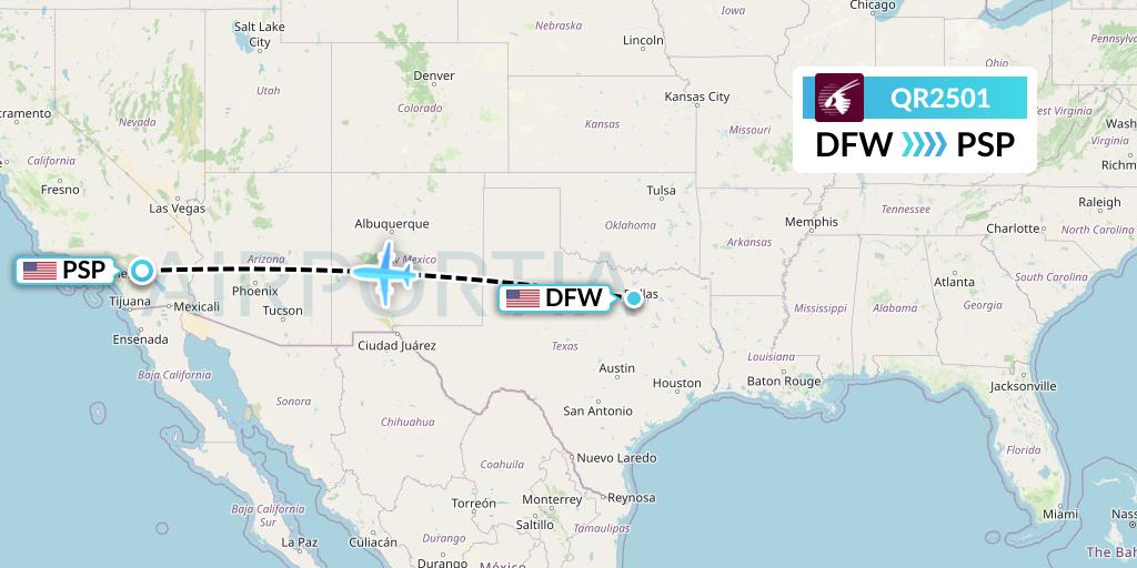 QR2501 Qatar Airways Flight Map: Dallas to Palm Springs