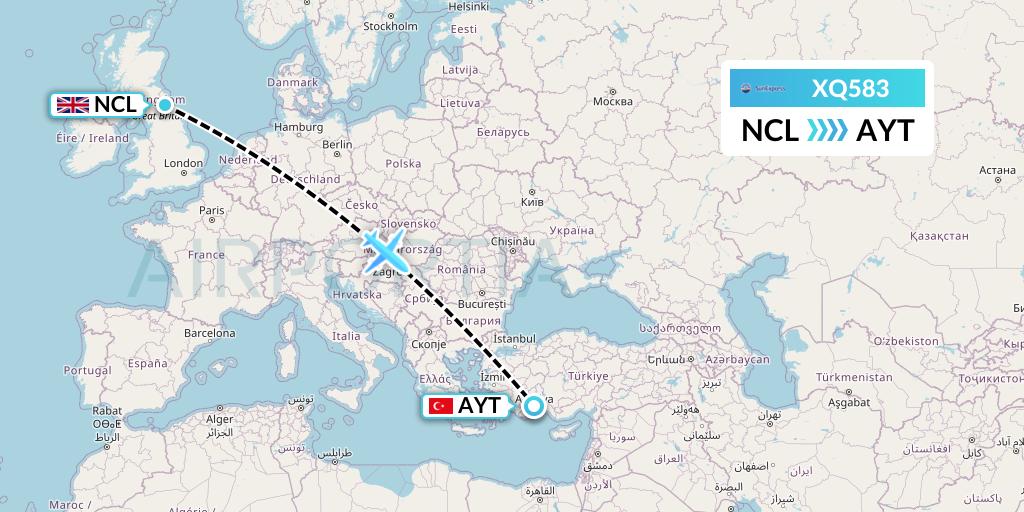 XQ583 SunExpress Flight Map: Newcastle to Antalya