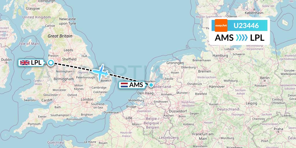 U23446 EasyJet Flight Map: Amsterdam to Liverpool