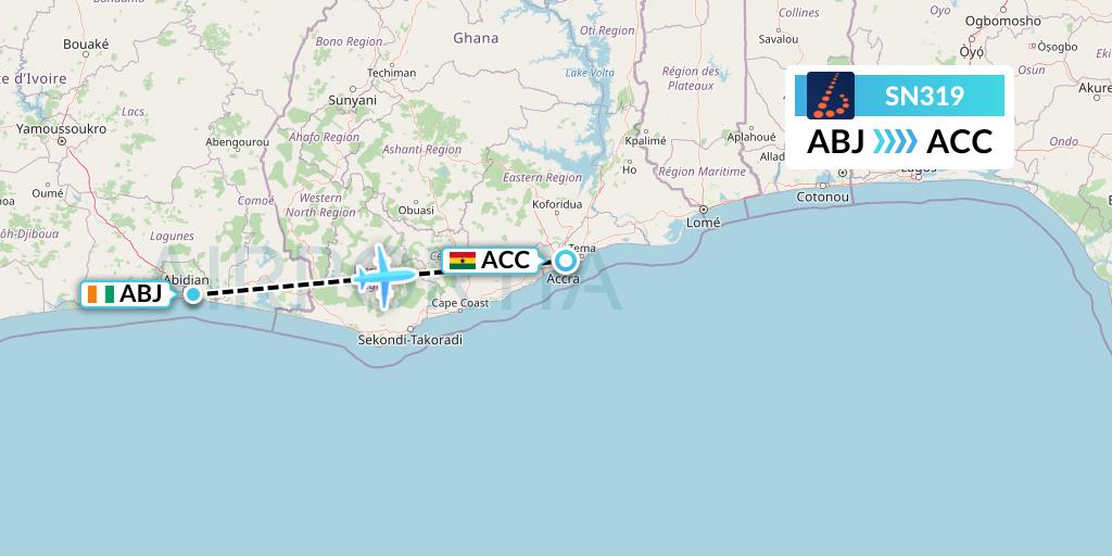 SN319 Brussels Airlines Flight Map: Abidjan to Accra