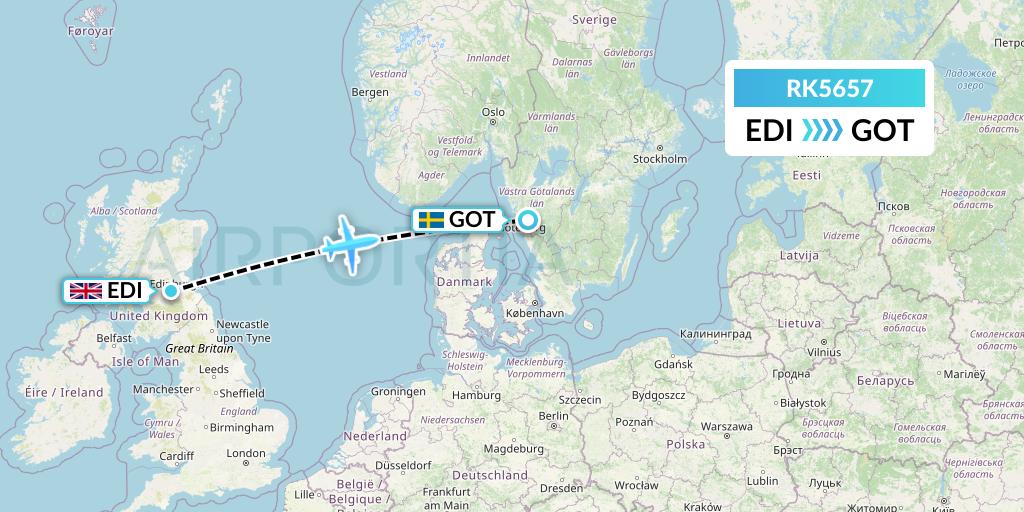 RK5657 Ryanair UK Flight Map: Edinburgh to Gothenburg