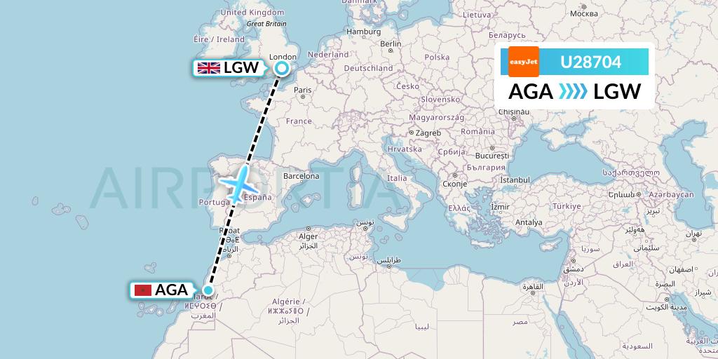 U28704 EasyJet Flight Map: Agadir to London