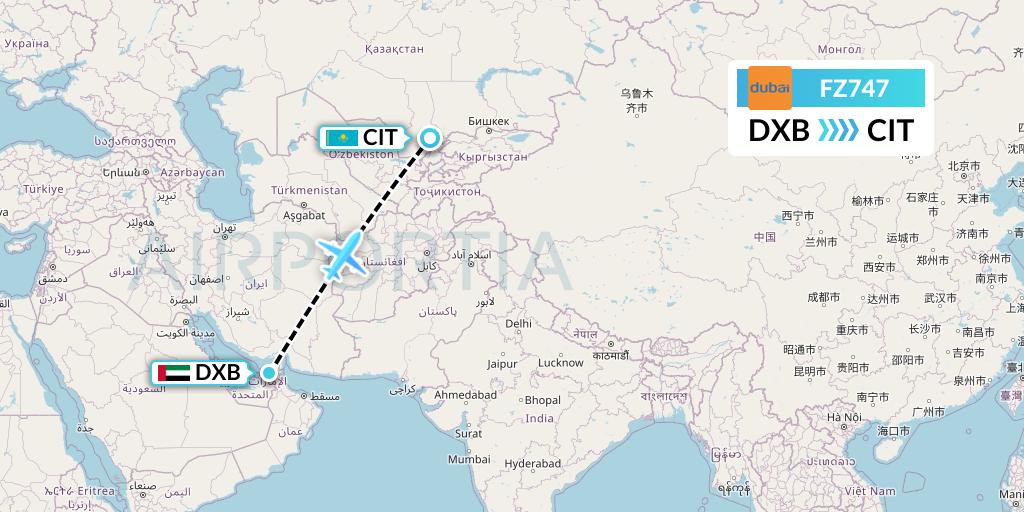 FZ747 FlyDubai Flight Map: Dubai to Shymkent