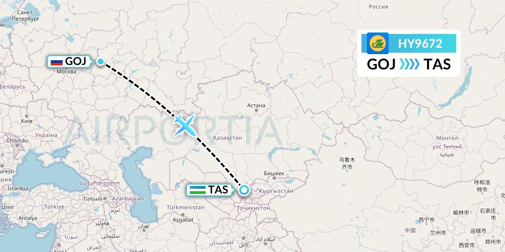 HY9672 Uzbekistan Airways Flight Map: Nizhny Novgorod to Tashkent