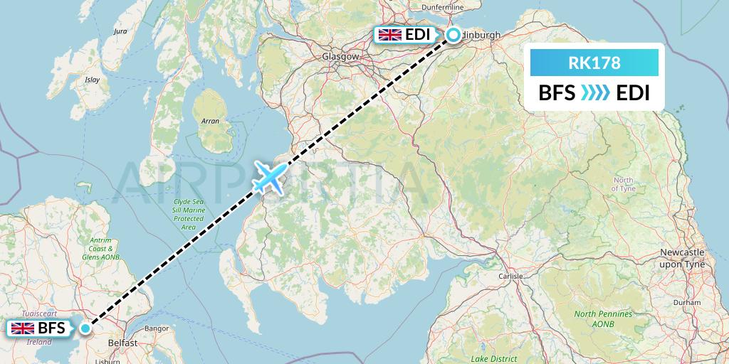 RK178 Ryanair UK Flight Map: Belfast to Edinburgh