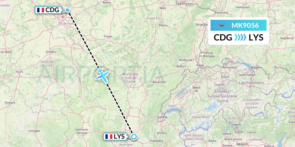MK9056 Air Mauritius Flight Map: Paris to Lyon