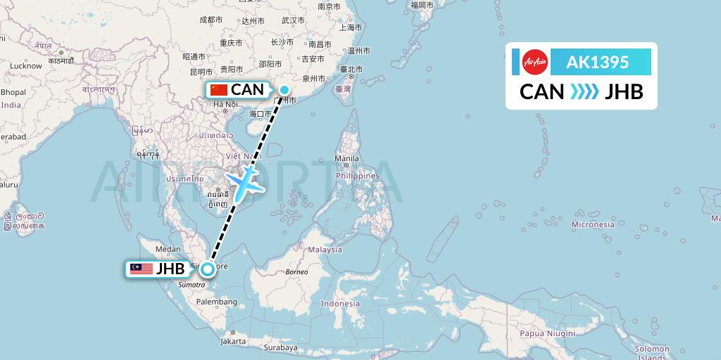 AK1395 AirAsia Flight Map: Guangzhou to Johor Bahru